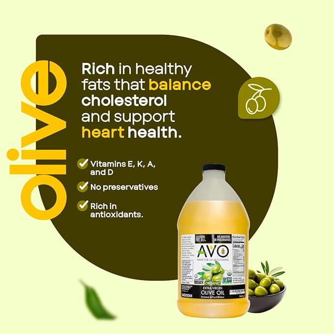 AVO Organic Olive Oil Extra Virgin Cold Pressed 64 Fl-oz (Half Gallon) NO preservatives added High Smoke Point 410°F Oil Cooking