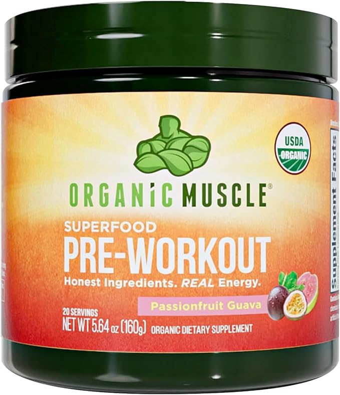 Organic Muscle Organic Pre Workout Powder Passionfruit Guava — USDA Organic Superfood Blend | Maca Beet Root Cordyceps Rhodiola | 150mg Natural Caffeine Vegan No Jitters 20 Servings