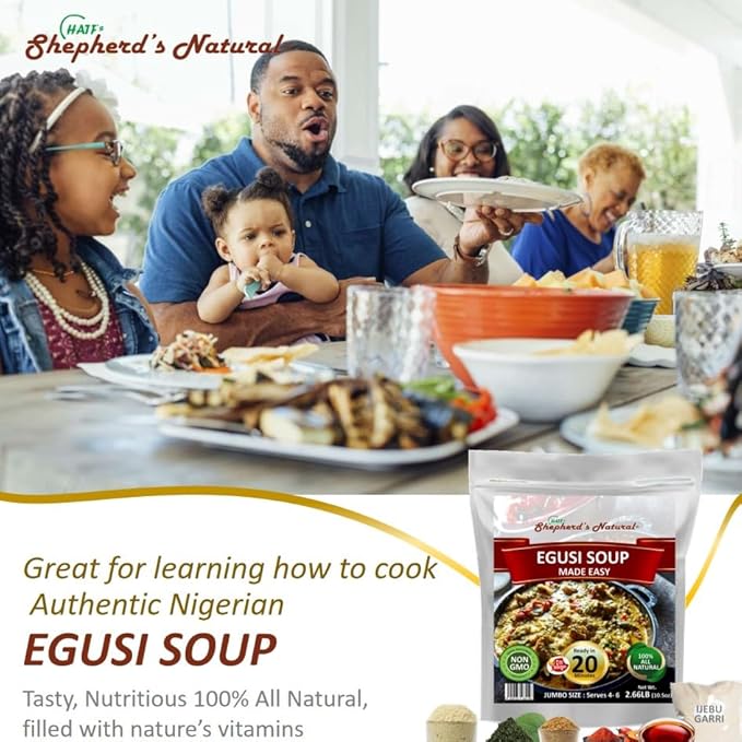 EGUSI SOUP MADE EASY – Get the rich traditional taste of Nigeria in minutes! This full 1.75LB jumbo kit by HATF'S SHEPHERD'S NATURAL serves 4–6 and cooks in just 20 minutes. Perfect for easy meals!