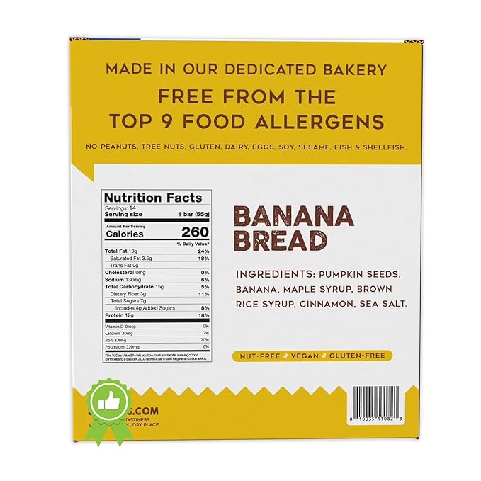 Banana Bread Protein Bars - Plant Based Seed-Based Protein School Safe Nut-Free Gluten-Free 1.6 oz (14 Count)