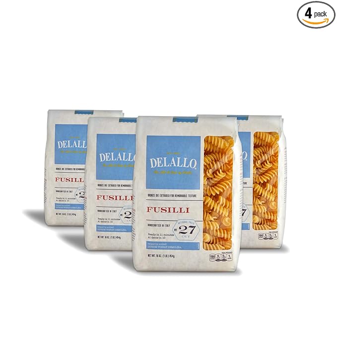 DeLallo Fusilli Pasta Twisted Shape Corkscrew Pasta Made in Italy Bronze Cut Made with Durum Only 100% Wheat Semolina Flour All Natural Non-GMO Kosher Vegan1 Pound Bag (4 Pack)