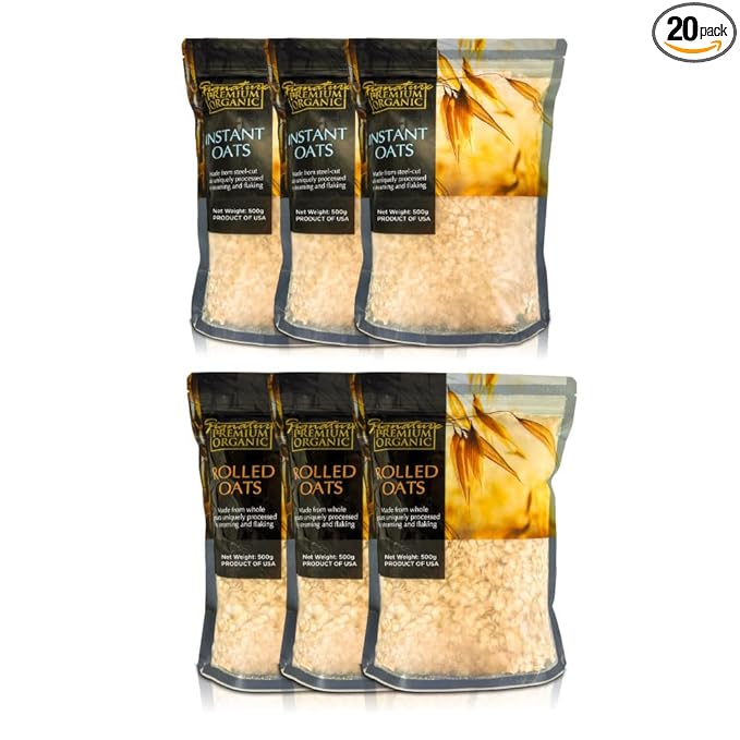 6 Packs Gluten-Free Organic Oat 500g by country farm. 3 Packs Rolled Oats &amp 3 Packs Instant Oats. USDA Organic. Great for Daily Breakfast Baked Goods &amp Snacks