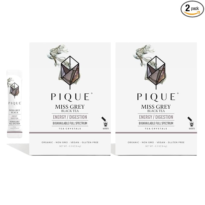 Pique Organic Earl Grey Tea Crystals - Caffeinated Black Tea with Bergamot for Energy Prebiotic Polyphenols Support Healthy Metabolism Immunity - 28 Single Servings (2 Pack)