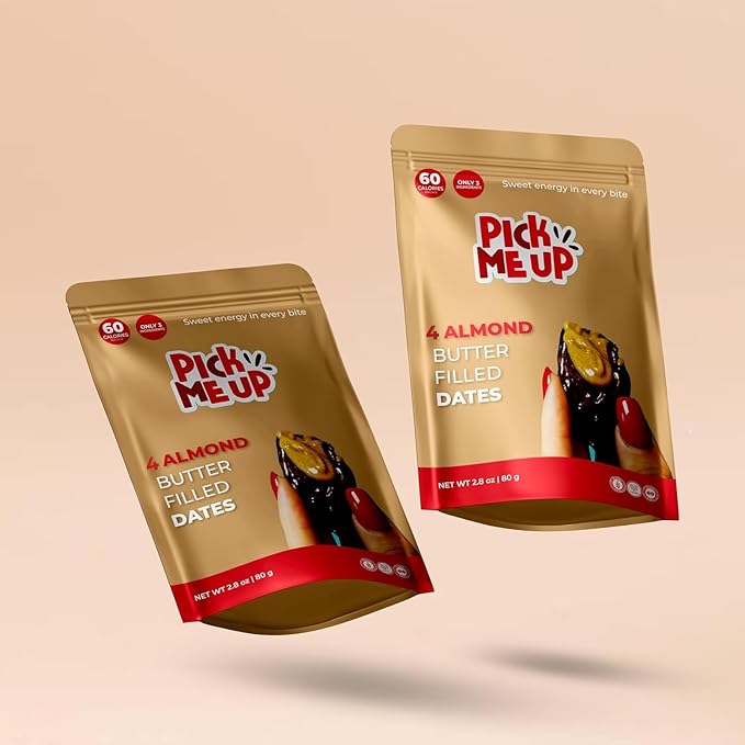 Pick Me Up Snacks – Organic Medjool Dates Pitted and Filled with Creamy Almond Butter – 4 Dates per 2.4 oz Pack – Vegan Gluten-Free No Added Sugar – Healthy On-the-Go Energy Snack – Pack of 10 pouc