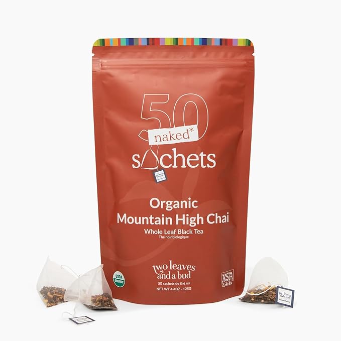 Two Leaves and a Bud Organic Mountain High Chai Tea Bags Whole Leaf Black Tea and Spices in Unwrapped Sachets 50 Count (Pack of 1)