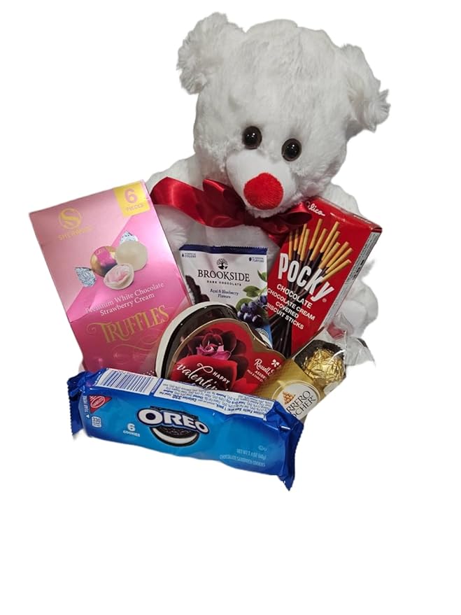 Valentines Day Gift Teddy Bear with Chocolates and Cookies Assortment 10 Inches (white)
