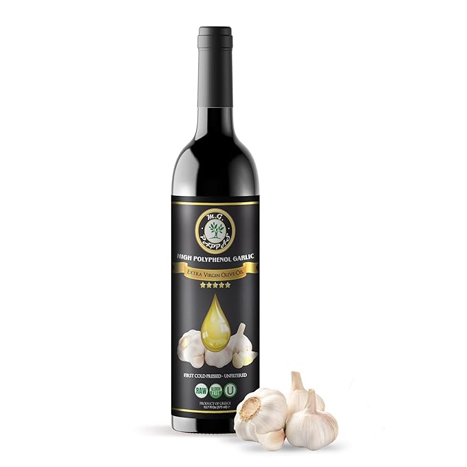 M.G. PAPPAS High Polyphenol Rich Garlic Infused Olive Oil - Extra Virgin Olive Oil - Over 500mg/kg - Cold Pressed &amp Unfiltered - High Hydroxytyrosol Greek Olive Oil - Award Winning