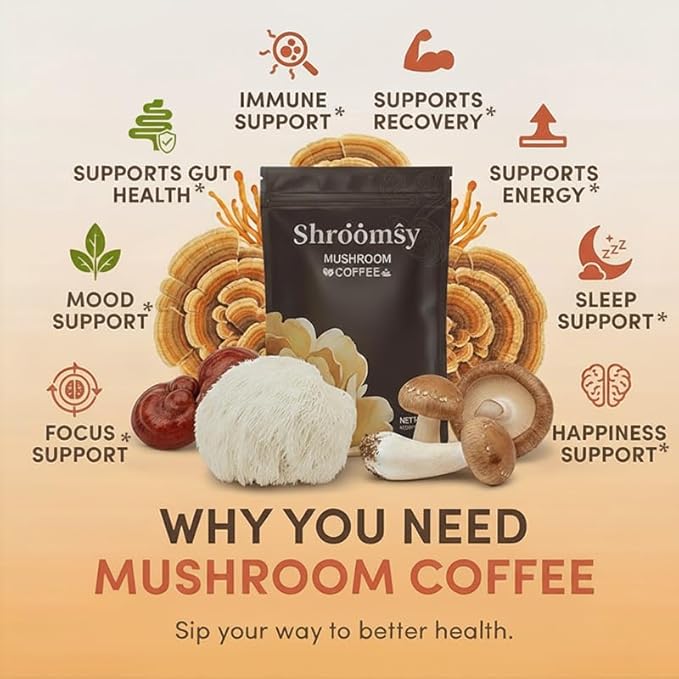 SHROOMSY Mushroom Coffee – 6 Adaptogenic Mushroom Superblend (Cordyceps Reishi Shiitake Lion’s Mane More) – With MCT Oil &amp Coconut Milk