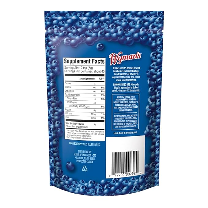 Wyman's Wild Blueberry Powder - 100% Wild Blueberries No Sugar Added Antioxidant Activity Resealable Pouch - 8oz