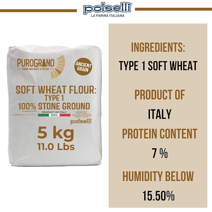 Polselli PuroGrano 100% Stone Ground Type 1 Soft Wheat Flour Bread flour– 5kg (11 lb) Ancient Italian Grain – Ideal for Sourdough Bread &amp Artisan Baking – Imported from Italy Polselli. Unble
