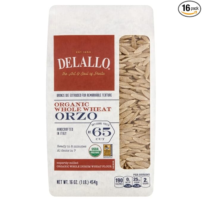 Delallo Organic Whole Wheat Orzo Pasta 17 Ounce - 16 per case.