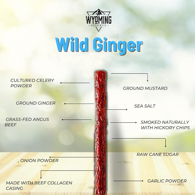 Wyoming All Natural Grass Fed Beef Sticks - Wild Ginger Flavor - Pack of 12 - Nitrate Free Jerky Meat Sticks - No Artificial Ingredients - Clean Tasty Meat Snacks - Angus Beef Sticks Individually Wrap