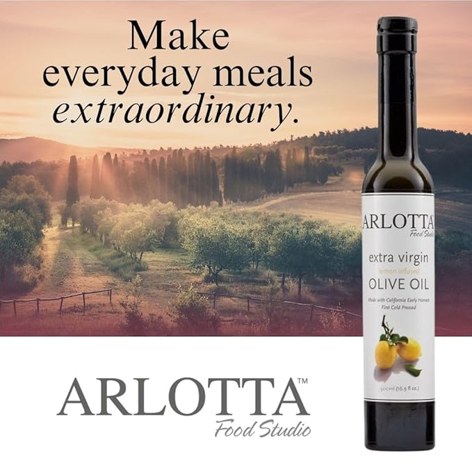 500ml Organic Lemon Infused Extra Virgin Olive Oil Cold Pressed | California EVOO Kosher by Arlotta Food Studio | Citrus Finishing Oil for Seafood Vegetables Baking Salad Dressing | USA Made