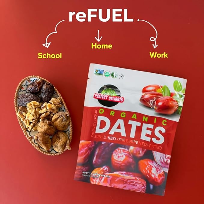 Perfect Delights Organic Dates Vegan Sun-Dried Pitted Dates Healthy Fruit Snack for Kids and Adults - Single Pack(16 oz)