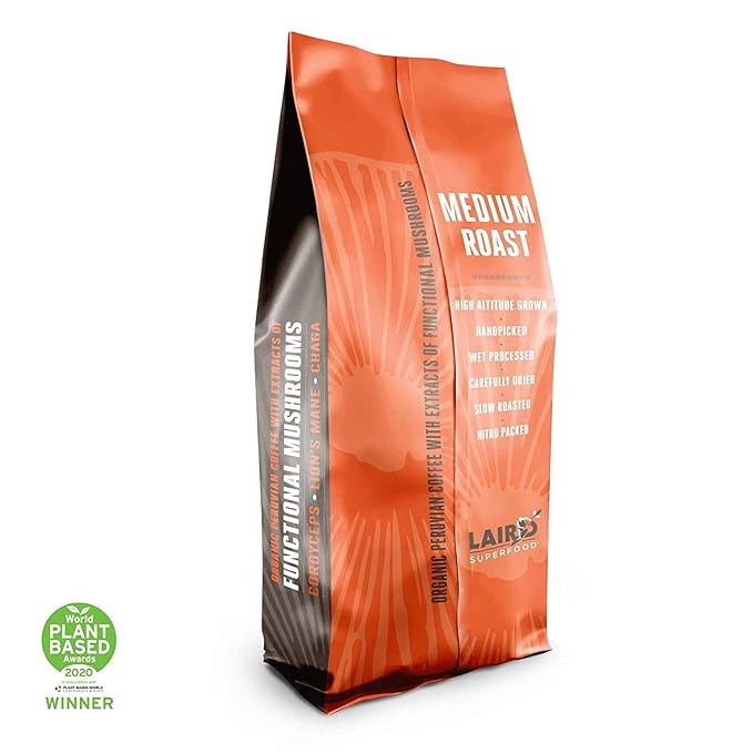 Laird Superfood Peruvian Medium Roast Coffee with Functional Mushrooms Certified Organic Peruvian Ground Coffee Beans Gluten-Free Dairy-Free Non-GMO Paleo Keto Friendly 12 oz. Bag Pack of 6