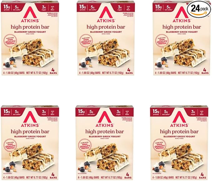 Atkins Blueberry Greek Yogurt Flavor High Protein Bar 15g Protein 3g Sugar 5g Net Carb High Fiber Snacks Keto Friendly Protein Bars 4 Count (Pack of 6)