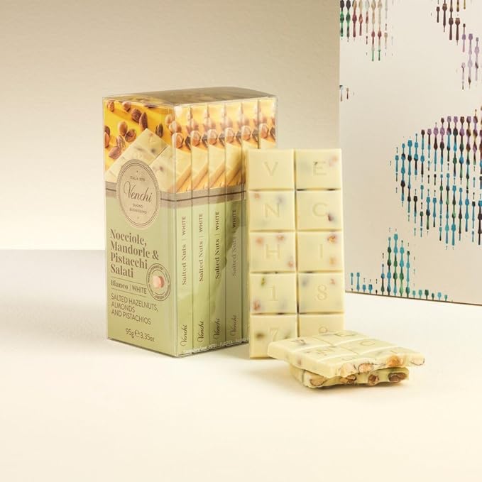 Venchi - Bundle of 6 White Chocolate with Salted Nuts Bars - with Hazelnuts Pistachios and Almonds 21.16 oz - 3.52oz each bar - Gluten Free - Family Pack