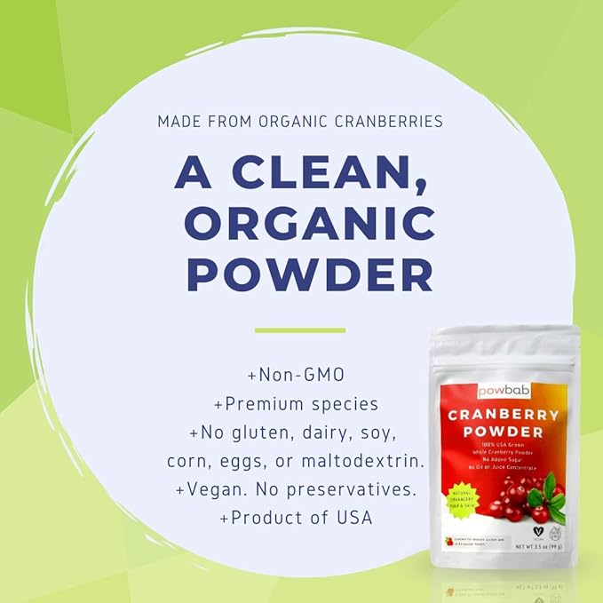 powbab Cranberry Powder from 100% USA Grown Organic Dried Cranberries. No Added Sugar. Pure Fruit Unsweetened Cranberry. Not Freeze Dried. (3.5 Oz)