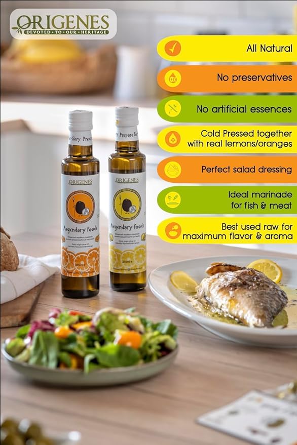Pack of 2 Extra Virgin Flavored Olive Oil 1 Bottle Lemon Infused 1 Bottle Orange Infused EVOO Cold Pressed Polyphenol Rich EVOO Intense Flavor Olive Oil Extra Virgin from Laconia 2X250ml
