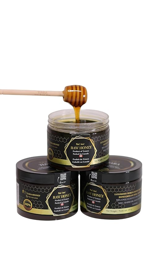 TIARA Yemeni Honey Blend – Samār Hadrami &amp Douani Sidr – 100% Raw Pure &amp Natural CFIA Certified Unpasteurized Packed in Canada Premium Quality – 14 Fl Oz 400g + Free Honey Dipper Gift