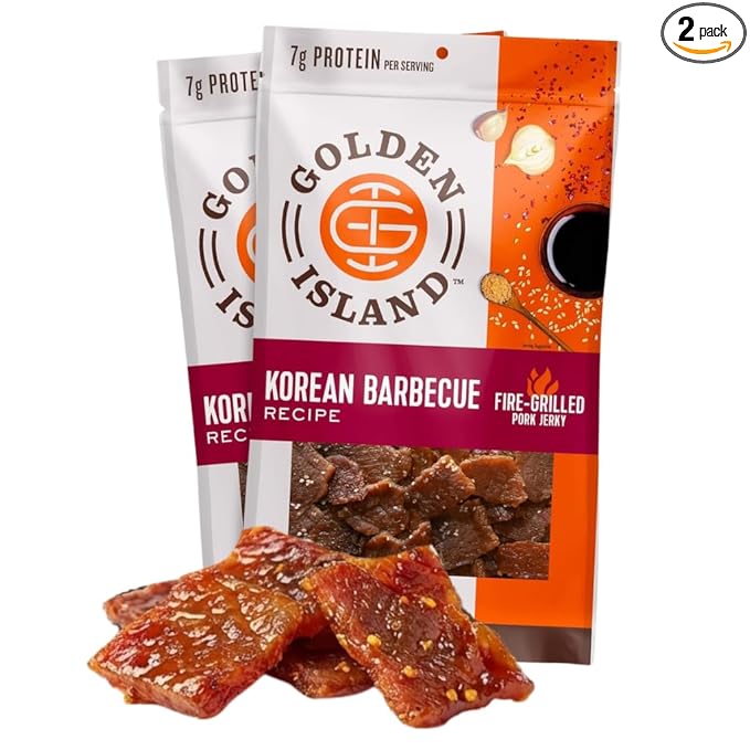 Golden Island Pork Jerky Korean BBQ Flavored Specialty Meat Snack Gluten Free with Korean Barbecue Seasoning Bite Sized Sweet and Savory Protein Snack 7g of Protein Per Serving 9 Oz (2 Pack)