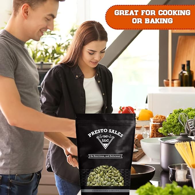 Pumpkin Seeds Raw Shelled Green Pepitas Premium Natural Snack Eating Or Cooking Nutritious Packed in a resealable pouch bag of 2 lbs. (32 oz.) by Presto Sales LLC