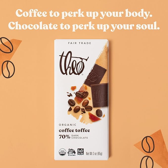 Theo Chocolate Coffee Toffee Organic Dark Chocolate Bar 70% Cacao 12 Pack | Fair Trade
