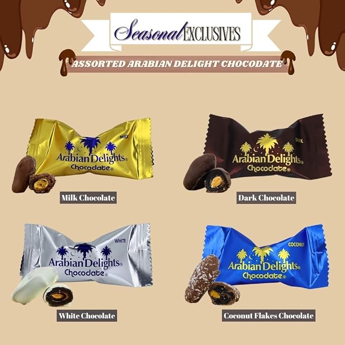 Intense Delish Chocolate Covered Almond Stuffed Dates - Arabian Delights Chocodate Assorted Pouch 460g – Premium Chocolate Dates Gift Pack in Milk Dark White &amp Coconut Chocolates Varieties