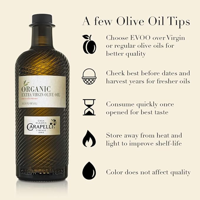Carapelli - Organic Extra Virgin Olive Oil: Cold-Pressed Organic EVOO – 33.8 Fluid Ounces (1 Liter)