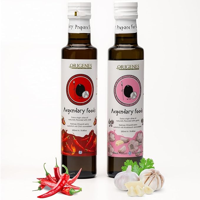 Pack of 2 Extra Virgin Flavored Olive Oil 1 Bottle Garlic 1 Bottle Chili Infused EVOO Cold Pressed Polyphenol Rich EVOO Intense Flavor Olive Oil Extra Virgin from Laconia 2X250ml