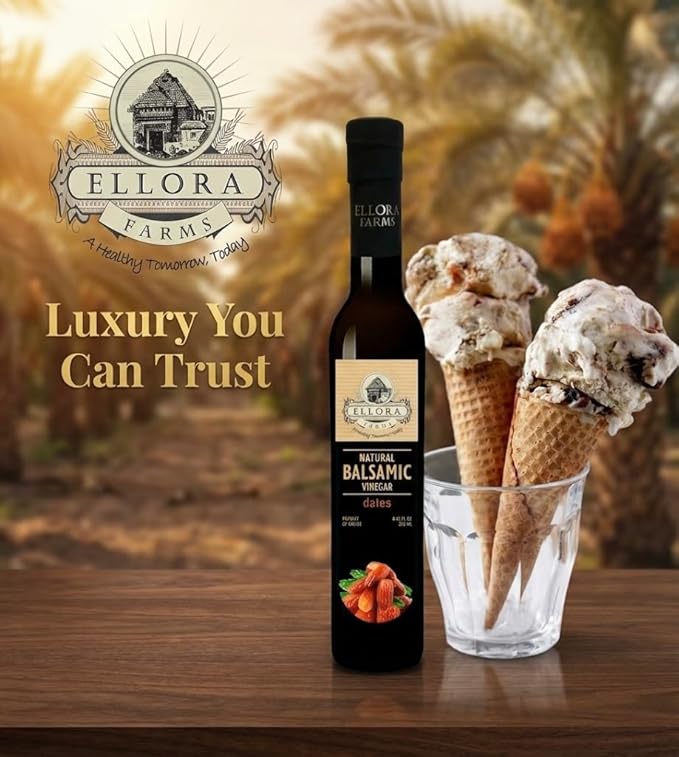 Ellora Farms Balsamic Vinegar Dates Infused Thick and creamy Barrel aged No-added sugar Award Winning Glass bottle 8.45 oz. (Dates)