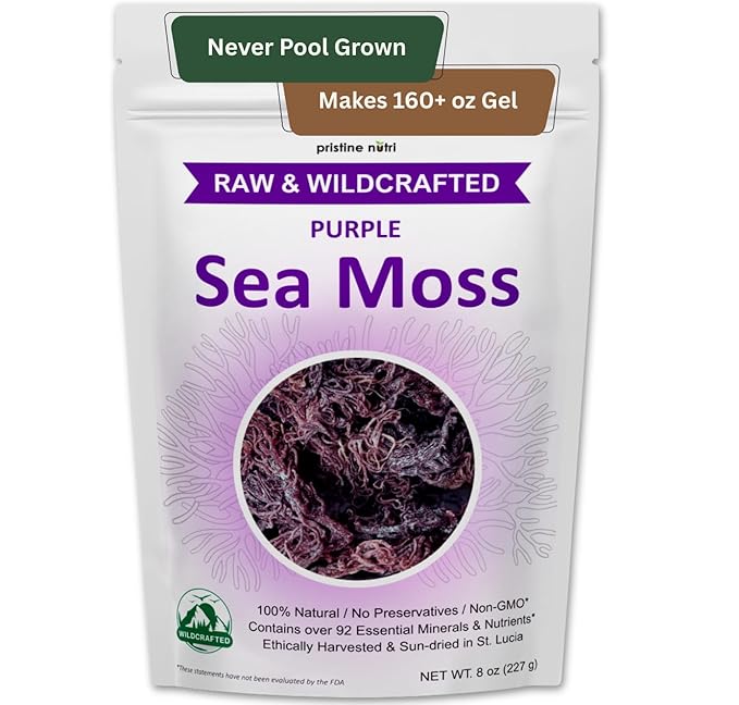 Purple Sea Moss Wildcrafted Raw Seamoss from St. Lucia Sun-Dried True Mineral-Rich Superfood Makes 160+ oz of Sea Moss Gel 100% Natural Vegan Non-GMO 8 oz bulk package