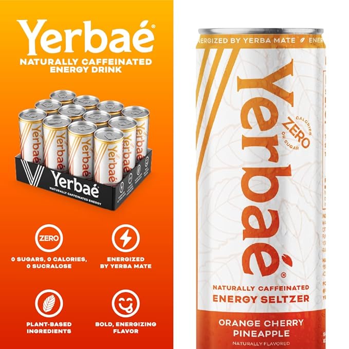 Yerbaé Energy Seltzer - Variety Performance Pack + Orange Cherry Pineapple 0 Sugar 0 Calories 0 Carbs Energized by Yerba Mate Plant-Based Healthy Alternative to Coffee