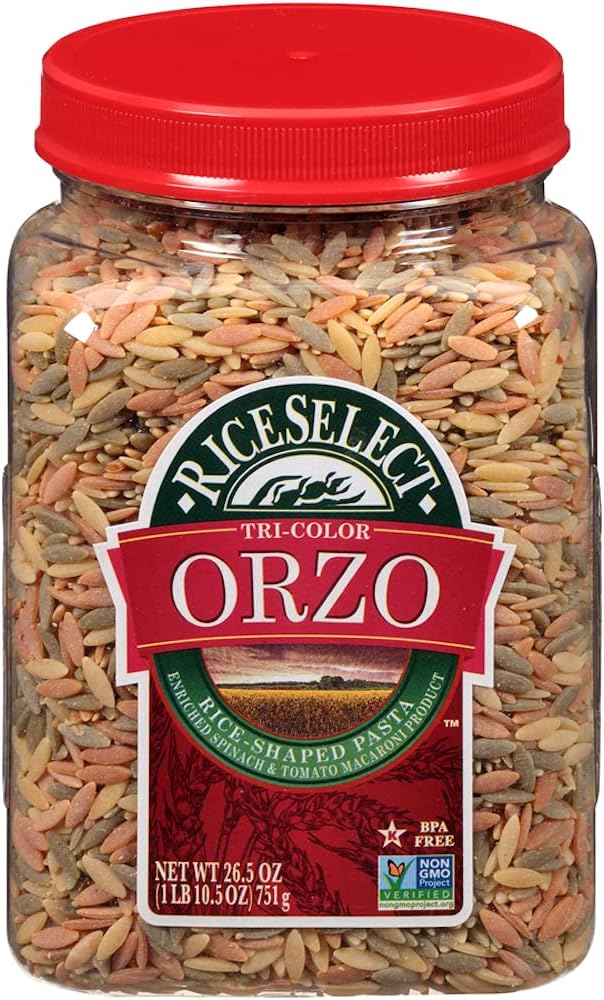 RiceSelect Tri-Color Orzo Pasta Non-GMO 26.5 oz (Pack of 4 Jars)