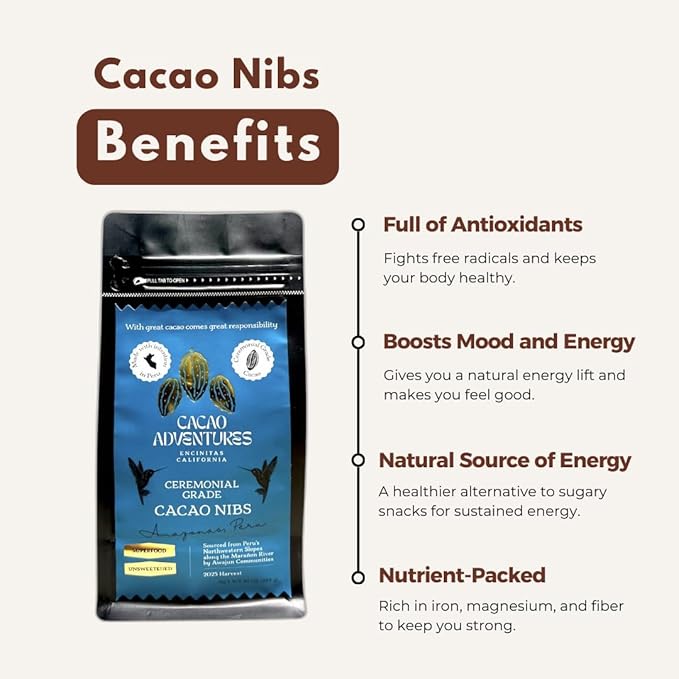 Cacao Adventures Raw Cacao Nibs Unsweetened Made from Whole Cacao Beans 10 oz – Wild Strains Lab-Tested Low Heavy Metals | High Amazon Basin - Peru | Keto Vegan Gluten-Free Superfood | Crunchy Sn