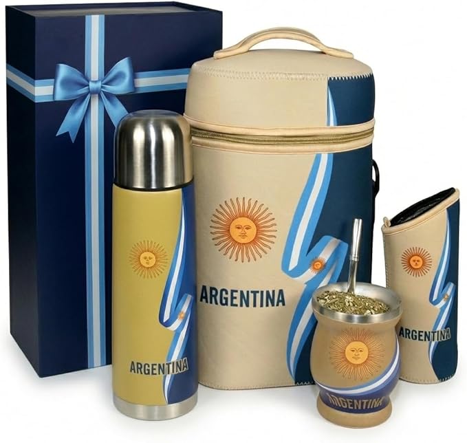 Yerba Mate Cup Set – Complete Argentine Yerba Mate Kit - 750 ml Stainless Steel Bottle Mate Gourd Bombilla Neoprene Bag Yerba Container &amp Gift Box (Cinta Argentina con Sol)