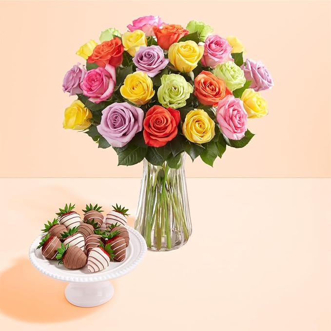 Shari’s Berries 24 Assorted Roses with Vase &amp 12 Gourmet Chocolate Covered Strawberries Gift Set| Flower &amp Chocolate Gift Delivery for Valentine's Day Anniversary Birthday &amp Thank You