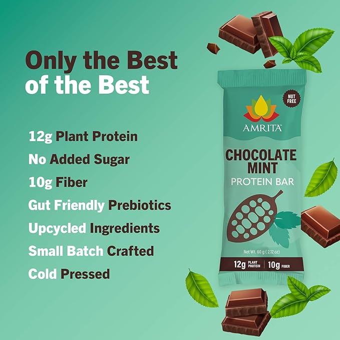 Amrita Nut Free Mint Chocolate Vegan Protein Bars (12 Count PK of 3) | 12g Plant-Based Protein Bar | Peanut Free Gluten Free Dairy Free | Low Sugar High Fiber School Safe