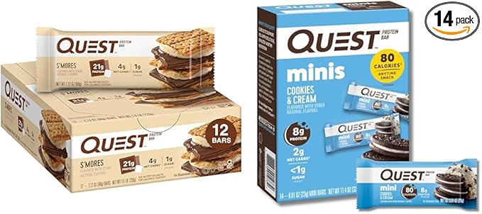 Quest S'mores Protein Bar 12 Count and Mini Cookies &amp Cream Protein Bars 14 Count Bundles