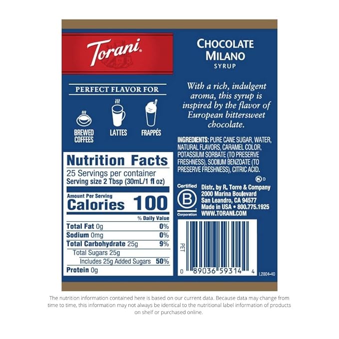 Torani Syrup Chocolate Milano 25.4 Ounces (Pack of 4)