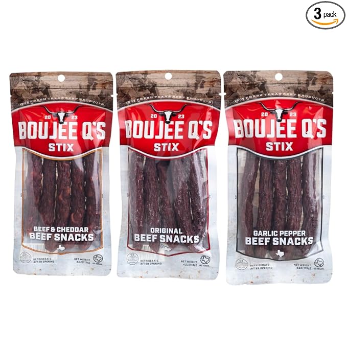 Boujee Q’s Beef Stix - 100% Soft Beef Snack Sticks w - Smoked Jerky-Style Protein Snack - Gluten-Free Low Carb No Sugar Keto Friendly - Made in USA - 3 Pack Original Garlic Pepper and Cheddar