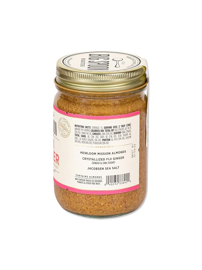 Big Spoon Roasters Fiji Ginger Almond Butter with Sea Salt - Keto Friendly Low Sugar Almond Butter - Crunchy &amp Bee-Friendly Almonds - Gourmet &amp Pure Almond Nut Butter - 2 x 13 Ounces