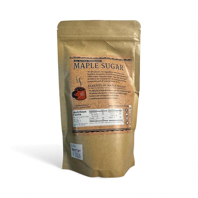 WOOD'S Maple Sugar – Paleo &amp Vegan Friendly Granulated Maple Sweetener | 100% Pure Vermont Maple Syrup | Unrefined All-Natural Gluten-Free Non-GMO | Perfect for Coffee Baking Paleo &amp Clea
