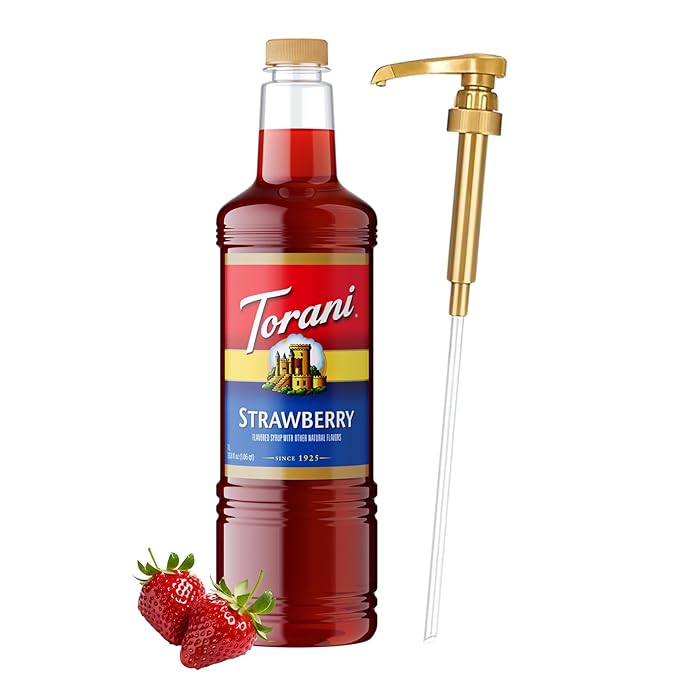 Torani Strawberry Syrup 1 Liter Bottle with Pump – Premium Drink Flavoring Made with Pure Cane Sugar &amp Natural Flavors for Coffee Cocktails Mocktails Lemonades &amp Desserts – Café-Quality Swe