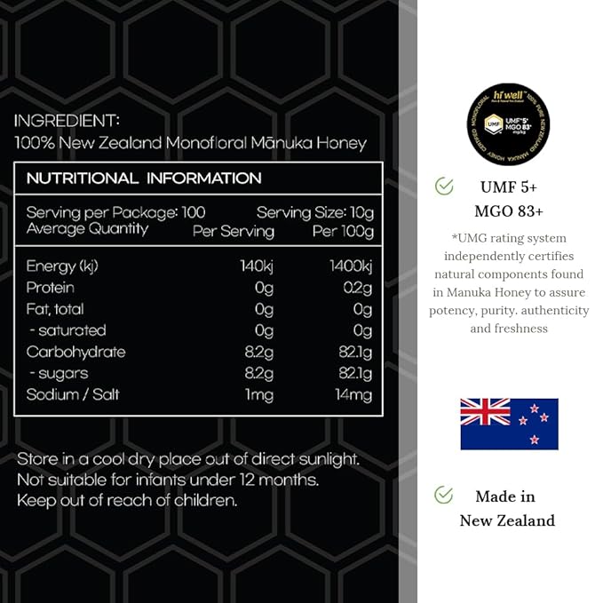 (Pack of 2) Hi Well Premium Manuka Honey Certified Monofloral UMF 5+ MGO 83+ 500g
