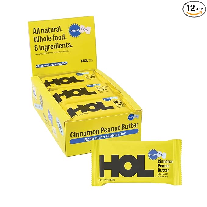HOL Bone Broth Protein Bars - Cinnamon Peanut Butter - 20g Whole-Food Protein - Natural Energy Snack Made with Real Ingredients - Gluten-Free No Artificial Additives - Great On-the-Go Fuel - 12 Pack