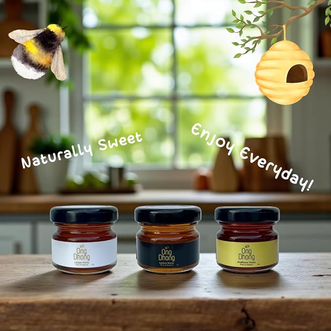 Mini Honey Jars Set of 3 (45g Each) – Lychee Longan and Wildflower Honey – Assorted Flavors Gift Pack for Tea Coffee Breakfast and Desserts