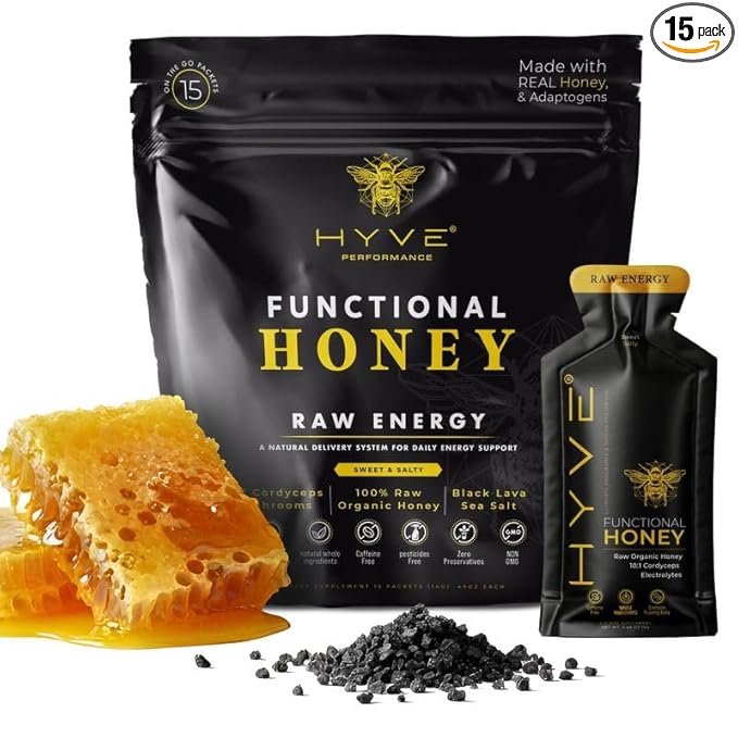 HYVE Functional Pre-workout Honey – Caffeine Free Raw Energy Packets with Organic Cordyceps Mushrooms Volcanic Sea Salt &amp Organic Honey – Energy Boost with Natural Adaptogens Pack of 15 Sachets