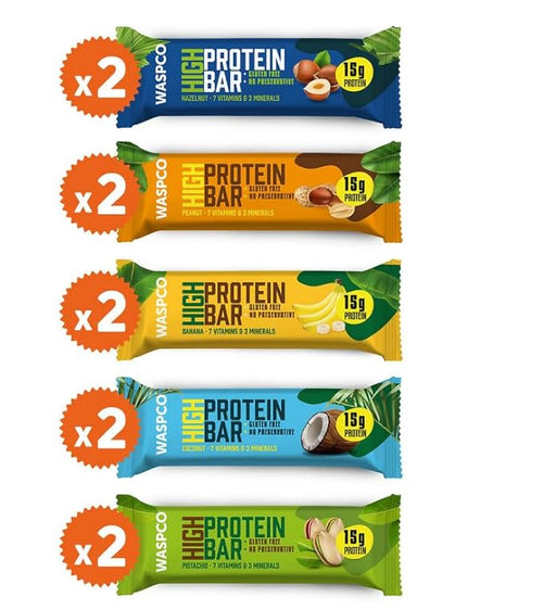 (10 Count Variety Pack) Protein Bars 5 Flavors: Peanuts Coconut Nuts Pistachio &amp Bananas Gluten Free with 15g Protein and 2g Sugar 50G