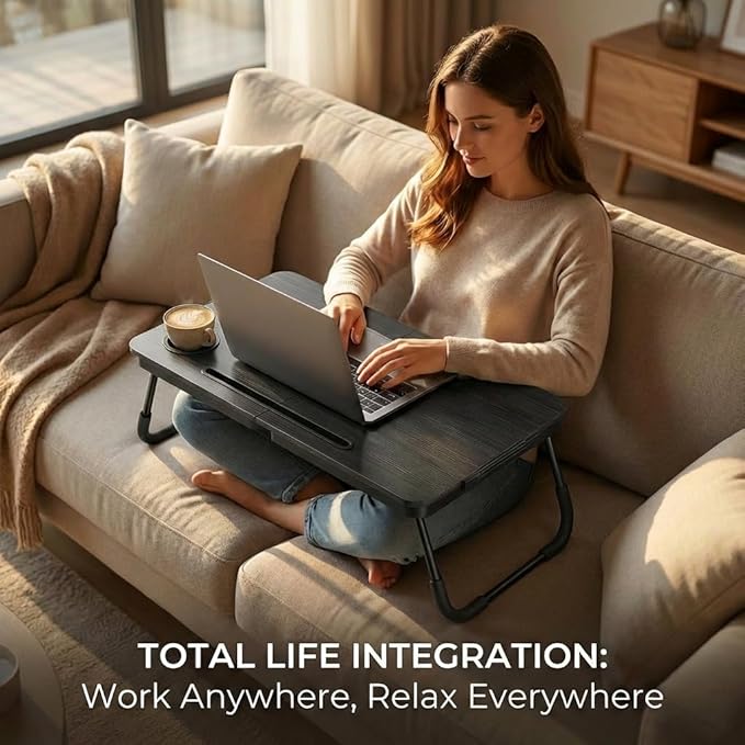 BUYIFY Foldable Laptop Bed Desk for Couch Sofa - Large Lap Desk Tray Table with Cup Holder and Tablet Slot - Portable Notebook Stand for Eating Writing Studying and WFH -NEW-006